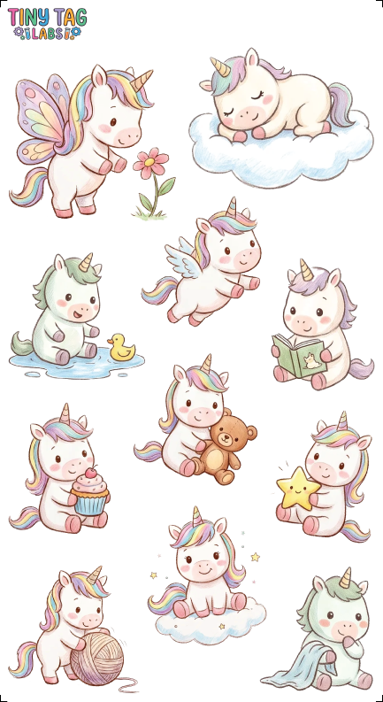 Unicorn character sticker sheet, Large Print, 6 by 11 inch waterproof UV DTF