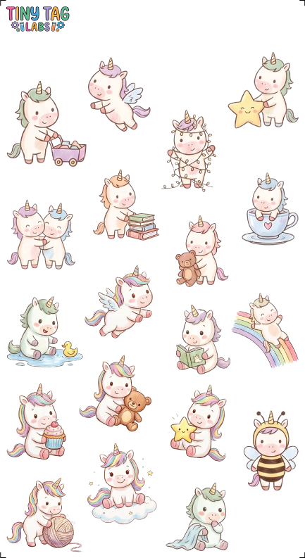 Unicorn character sticker sheet, Medium Print, 6 by 11 inch waterproof UV DTF