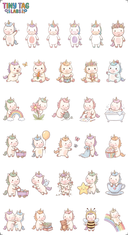 Unicorn character sticker sheet, Small Print, 6 by 11 inch waterproof UV DTF