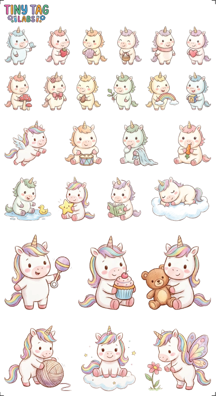 Unicorn character sticker sheet, Mix Sizes, 6 by 11 inch waterproof UV DTF