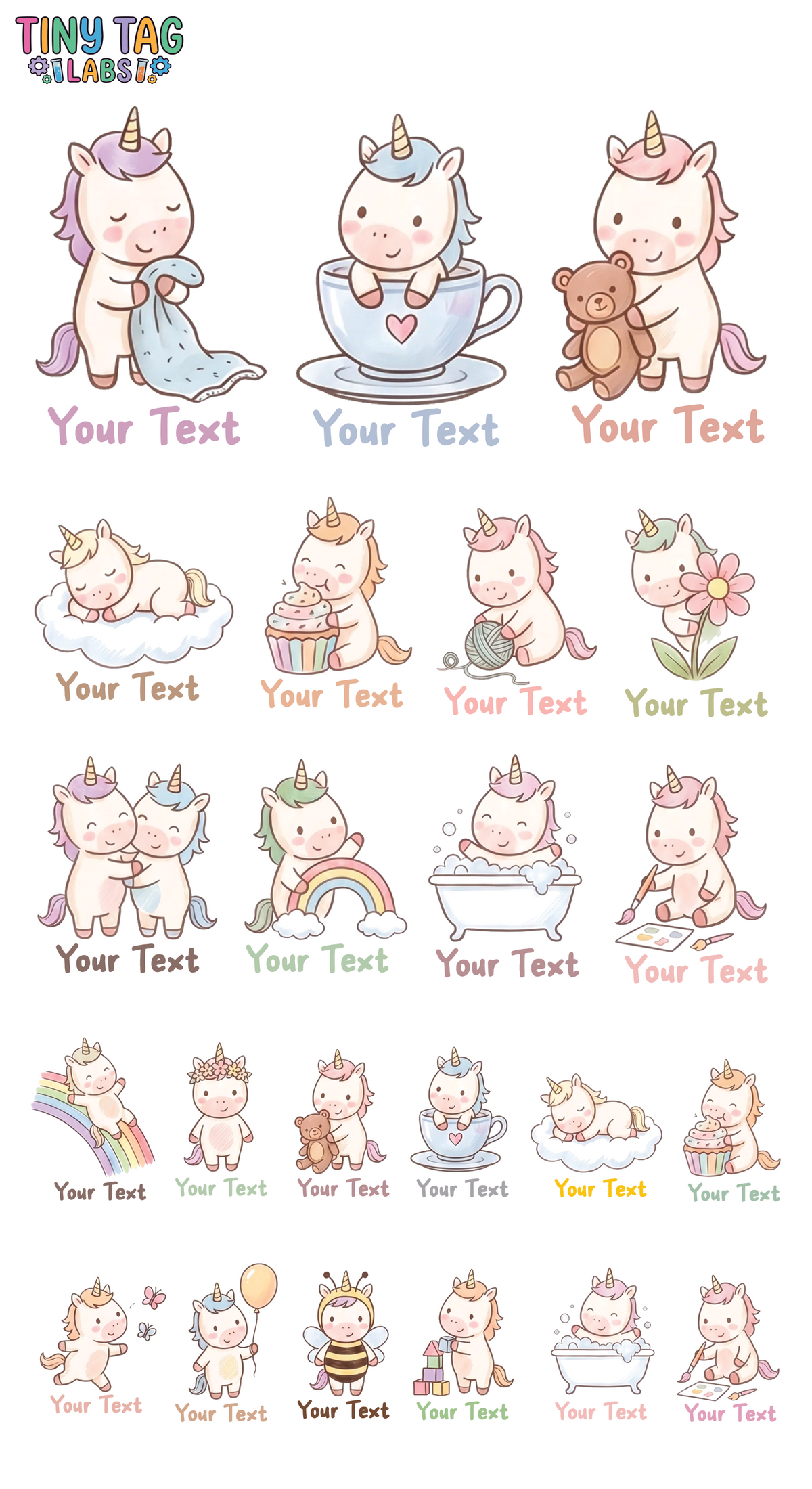 Unicorn character name sticker sheet with personalized name labels, Mix Sizes, 6 by 11 inches