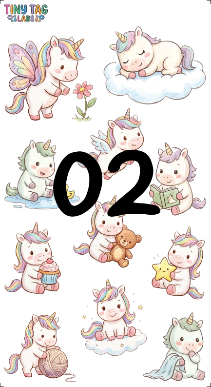 Unicorn character sticker sheet, Large Print, 6 by 11 inch waterproof UV DTF