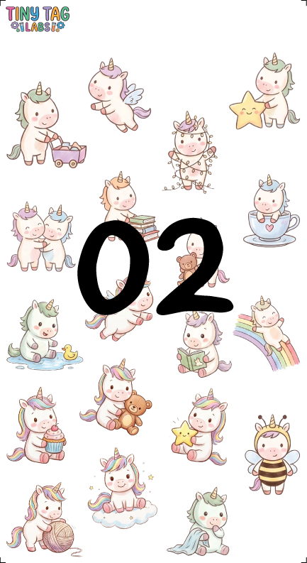 Unicorn character sticker sheet, Medium Print, 6 by 11 inch waterproof UV DTF